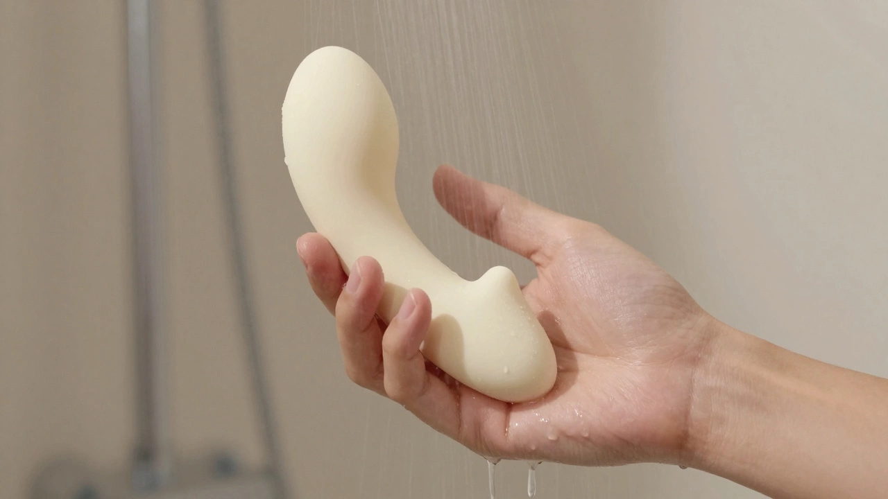 A hand holding a silicone toy in a steamy shower, water running along its elegant shape.
