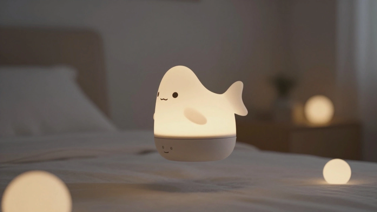 A silicone toy floating gently in a dark bedroom, surrounded by soft glowing waves of warmth.