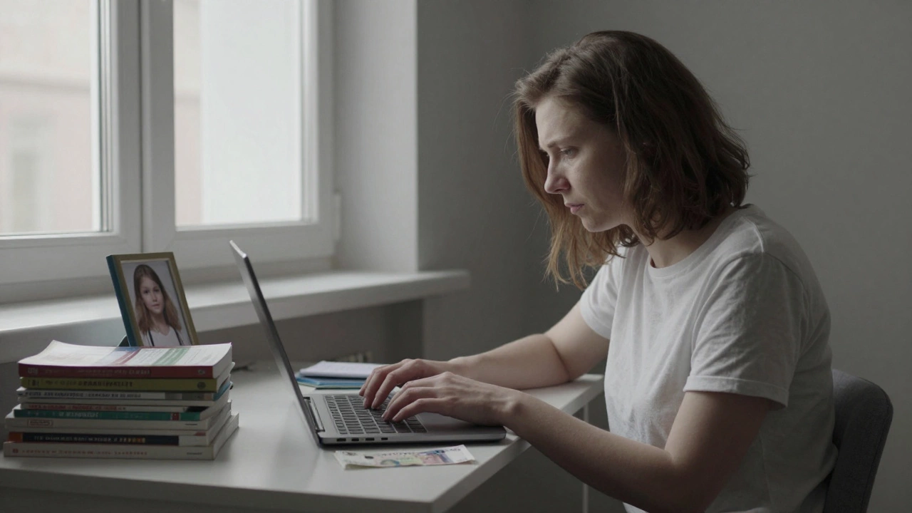 A woman studies at a desk with her daughter&#039;s photo and language textbooks nearby.
